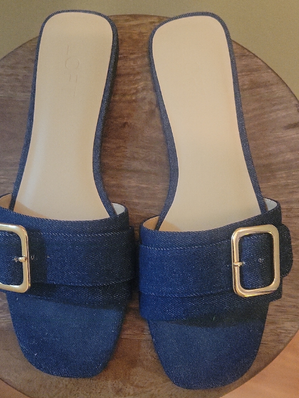 LOFT Navy Denim Slide Sandals with Gold Buckles